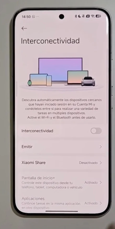Menú de interconectividad de Xiaomi mostrado en el tutorial