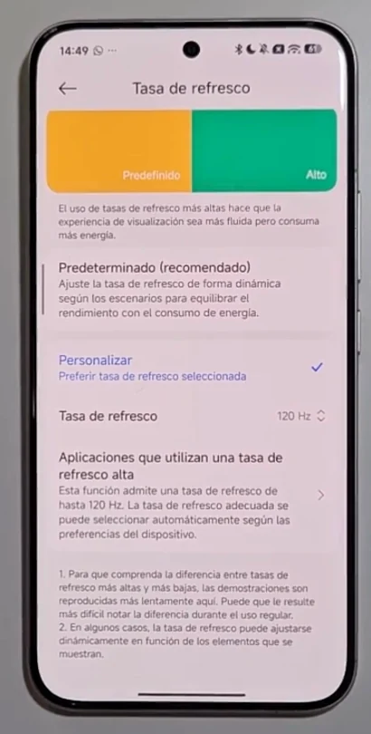 Opciones Predeterminado y Personalizar en la tasa de refresco de HyperOS