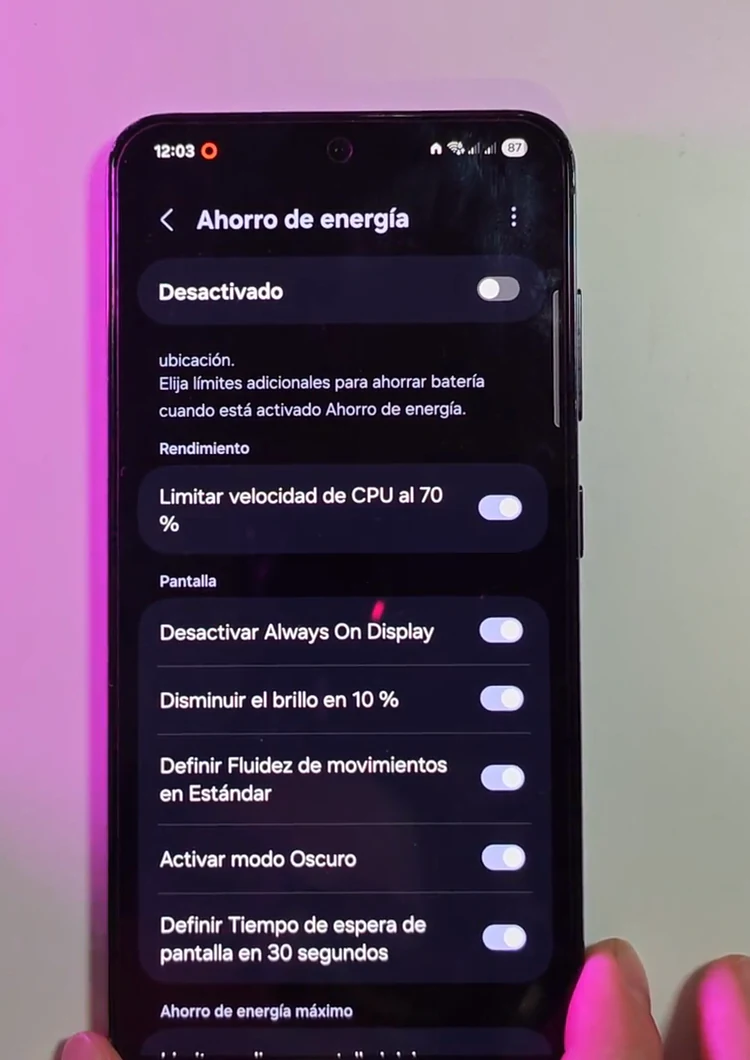 Opciones del modo Ahorro de energía en Samsung