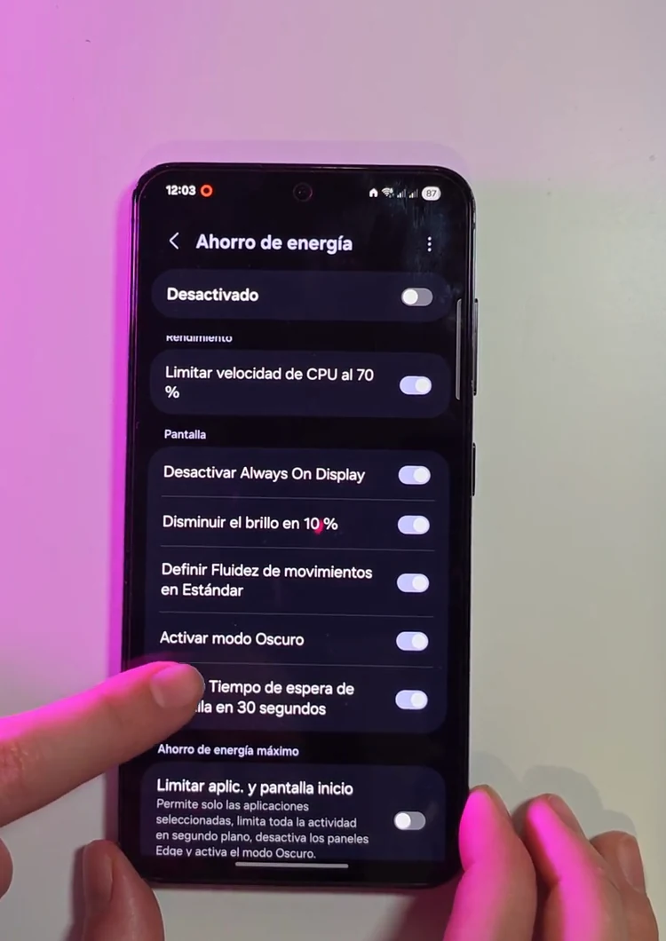 Limitar apps y pantalla de inicio dentro del ahorro de energía
