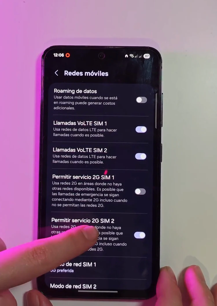 Interruptor Permitir servicio 2G en Redes móviles de Samsung