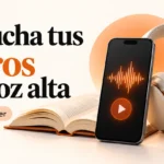 Ilustración de un libro, un teléfono y audífonos para escuchar libros con ElevenReader