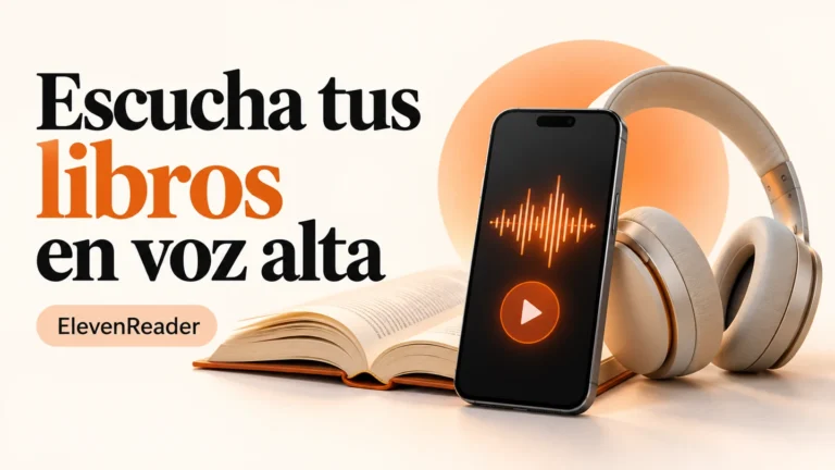 Ilustración de un libro, un teléfono y audífonos para escuchar libros con ElevenReader