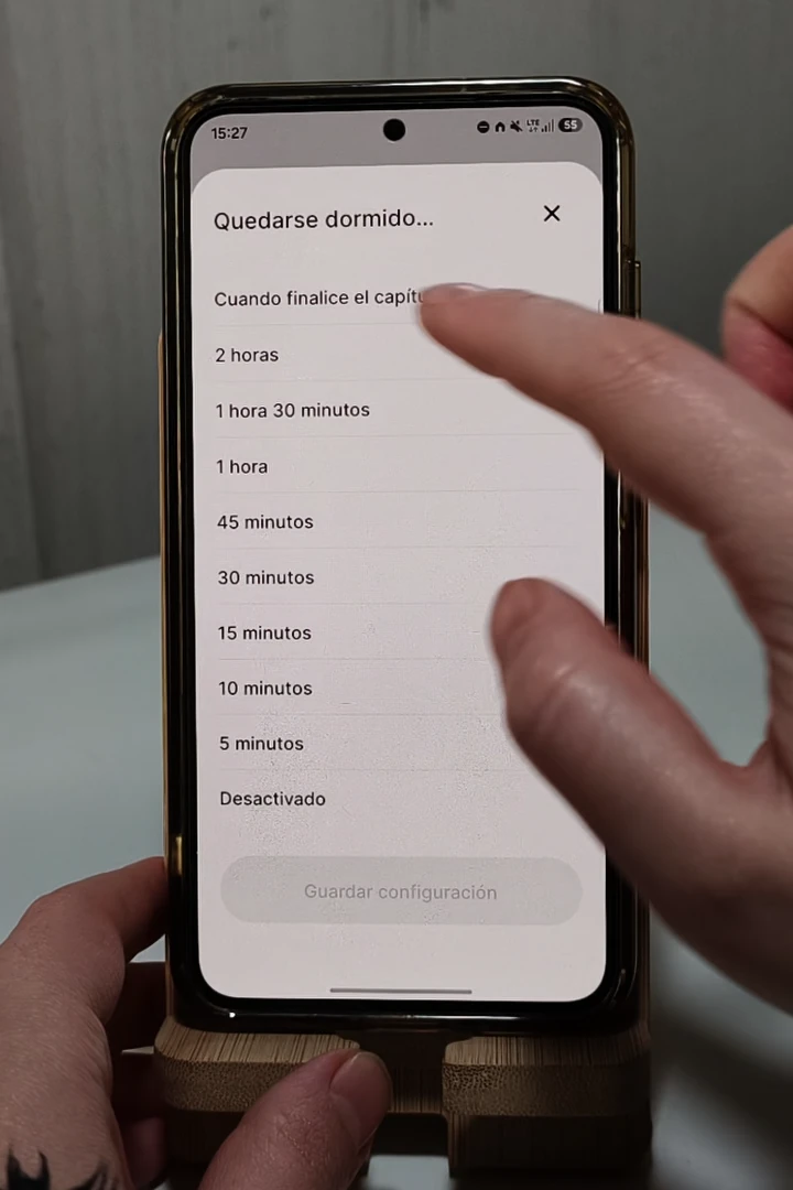 Menú Quedarse dormido para detener la lectura al finalizar el capítulo