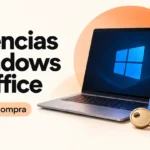 Ilustración de un computador, documentos y una llave para la guía de licencias Windows y Office