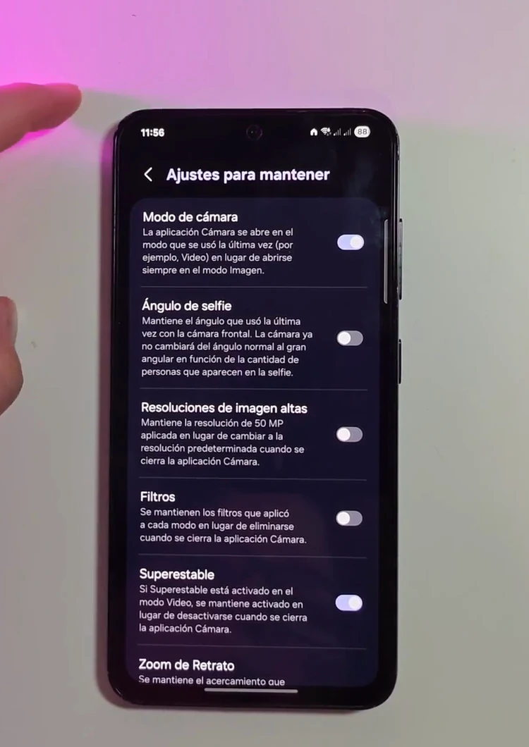 Ajustes para mantener con Modo de cámara activado en Samsung