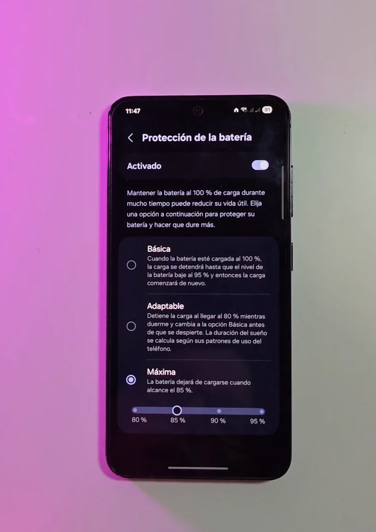Límite de carga ajustable del modo Máxima en Samsung