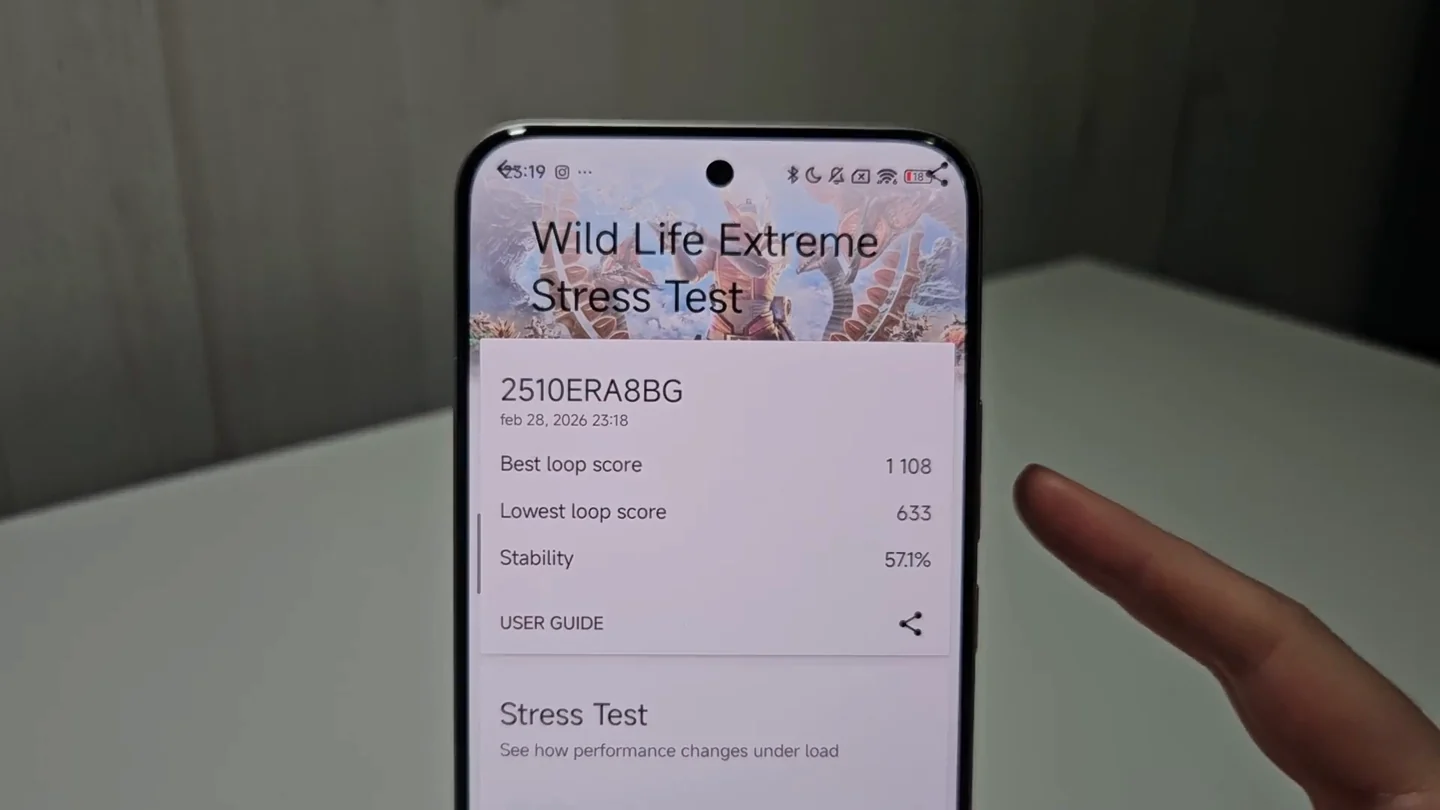 Resultado de Wild Life Extreme Stress Test en el Redmi Note 15 Pro Plus: 57,1 % de estabilidad