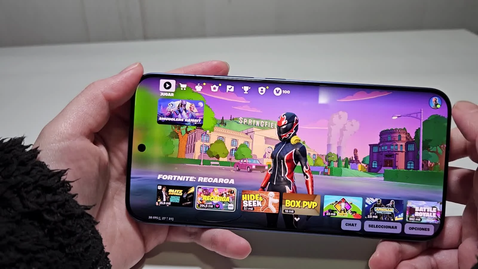 Fortnite abierto en el Xiaomi 17T Pro durante las pruebas de juegos.